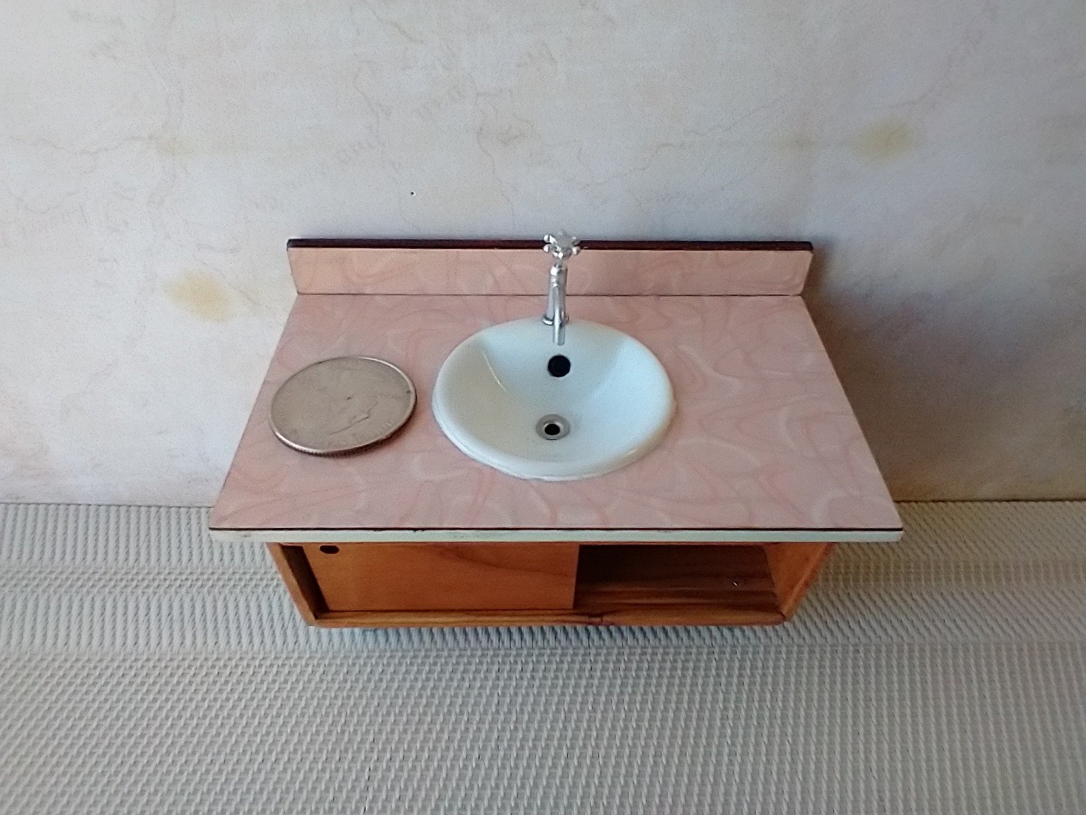 RESERVED 1:12 Dollhouse mid-century styled bath single sink vanity cabinet Angled cabinet undermount sink with backsplash and sliding doors