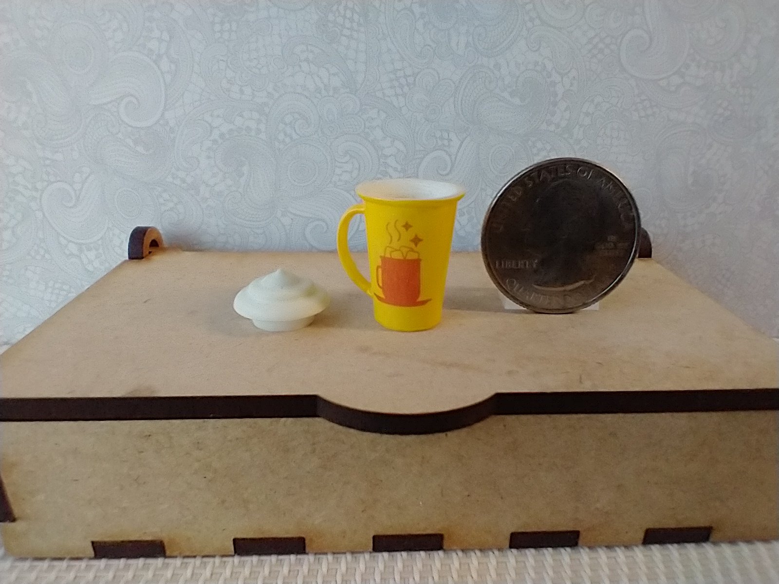 Play scale 1:6 or Barbie winter themed mug with cream lid for 12-inch dolls REF Yellow cocoa mug
