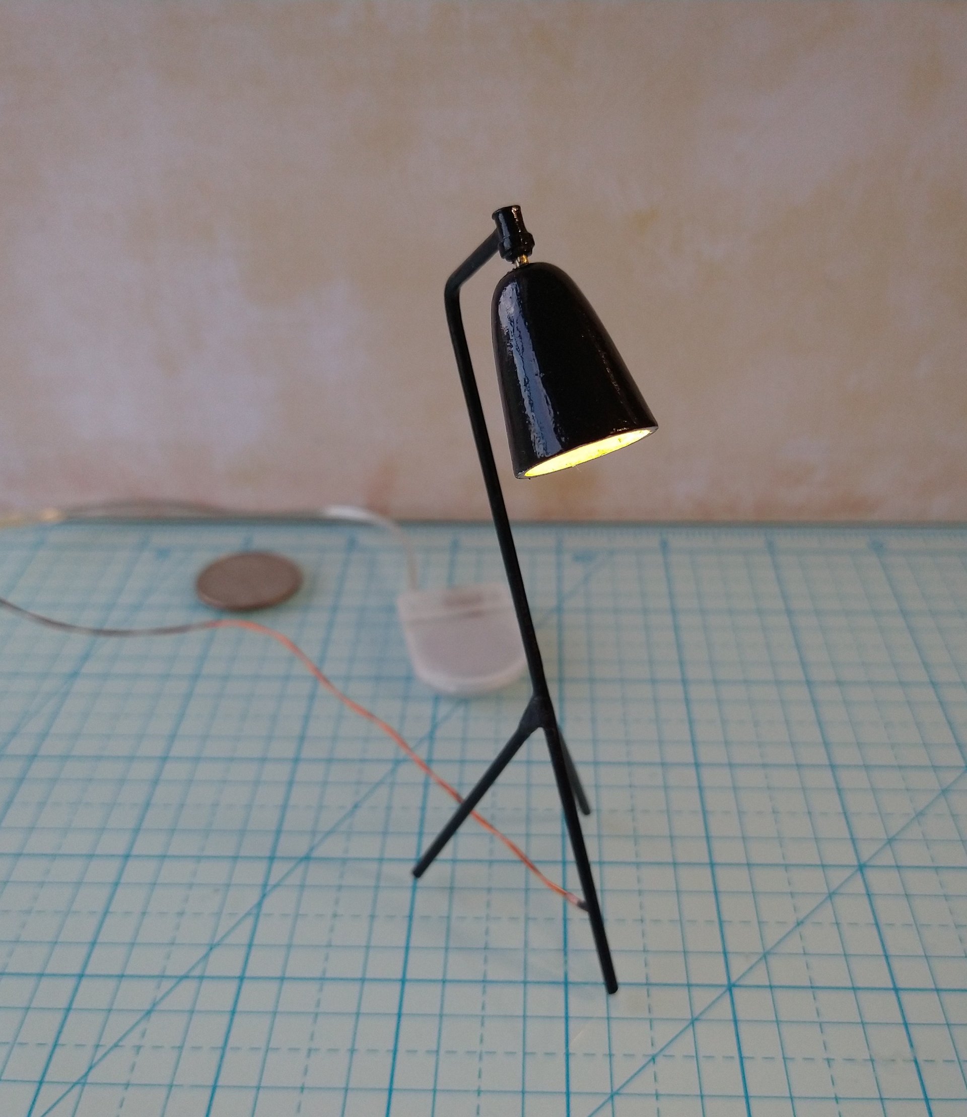 1:12 Dollhouse mid-century styled floor lamp Black tripod floor lamp Battery operated LED lamp with external wires REF Grasshopper