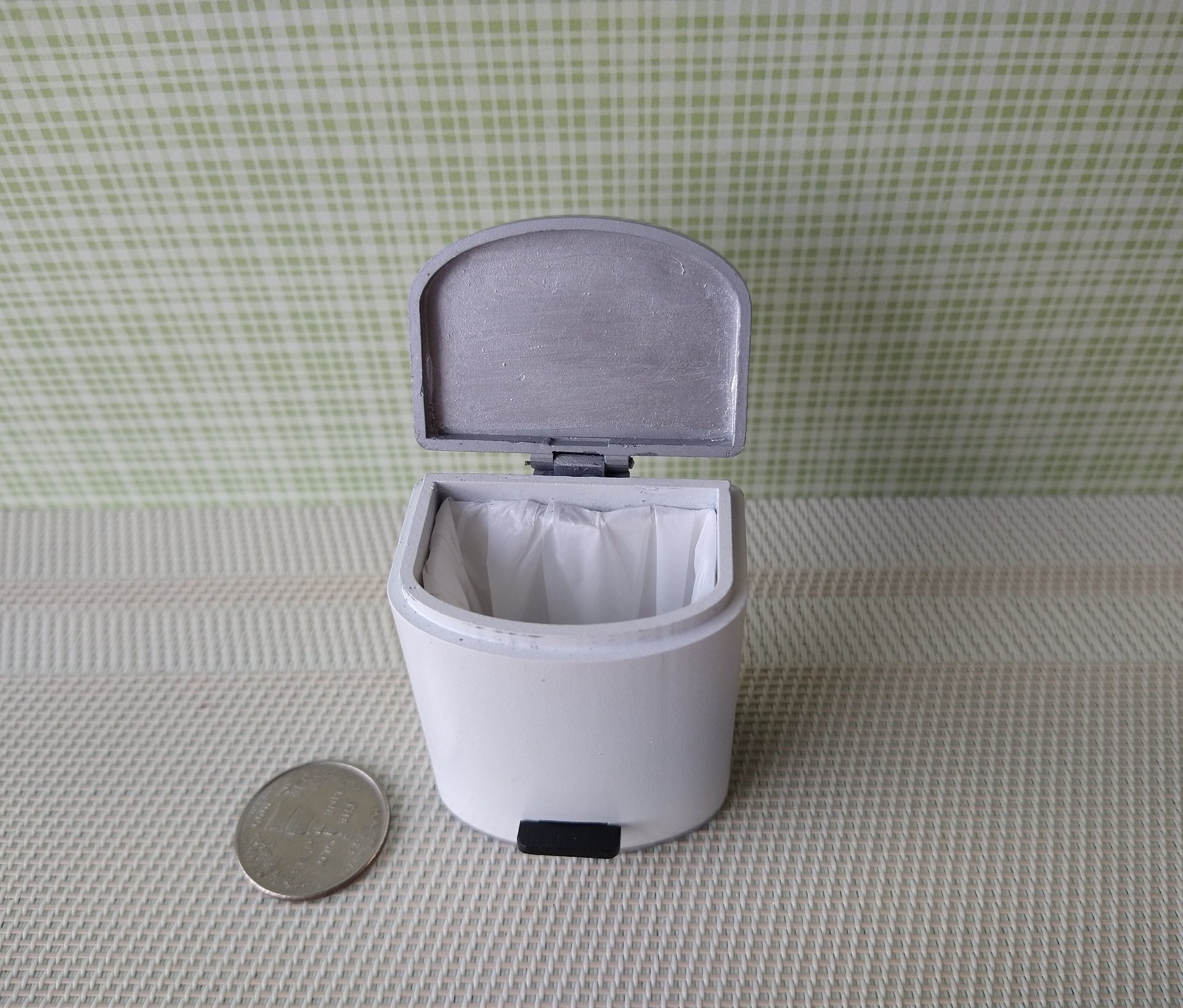 1:12 Dollhouse kitchen trash can in white finish with black pedal hinged silvery lid Modern styled trash can Kitchen garbagge can