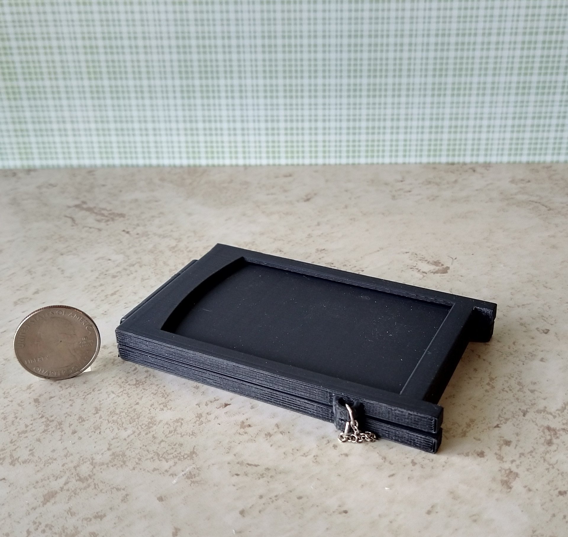 1:12 scale miniature sidewalk sign holder, 2-sided for changeable sinage Hinged and fold-flat for storage REF Credit card size - Black