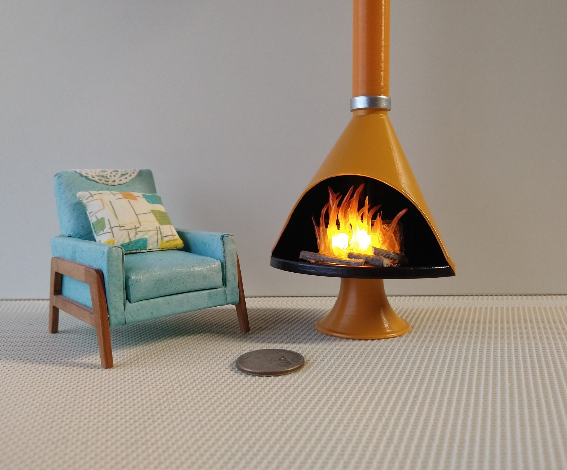 1:12 Dollhouse miniature Mid century modern free standing fireplace MCM orange fireplace inspired by Malm fireplace Retro fireplace REF orange