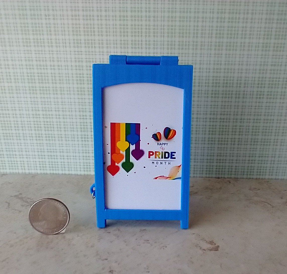 1:12 scale miniature sidewalk sign holder, 2-sided for changeable sinage Hinged and fold-flat for storage REF Credit card size - Blue