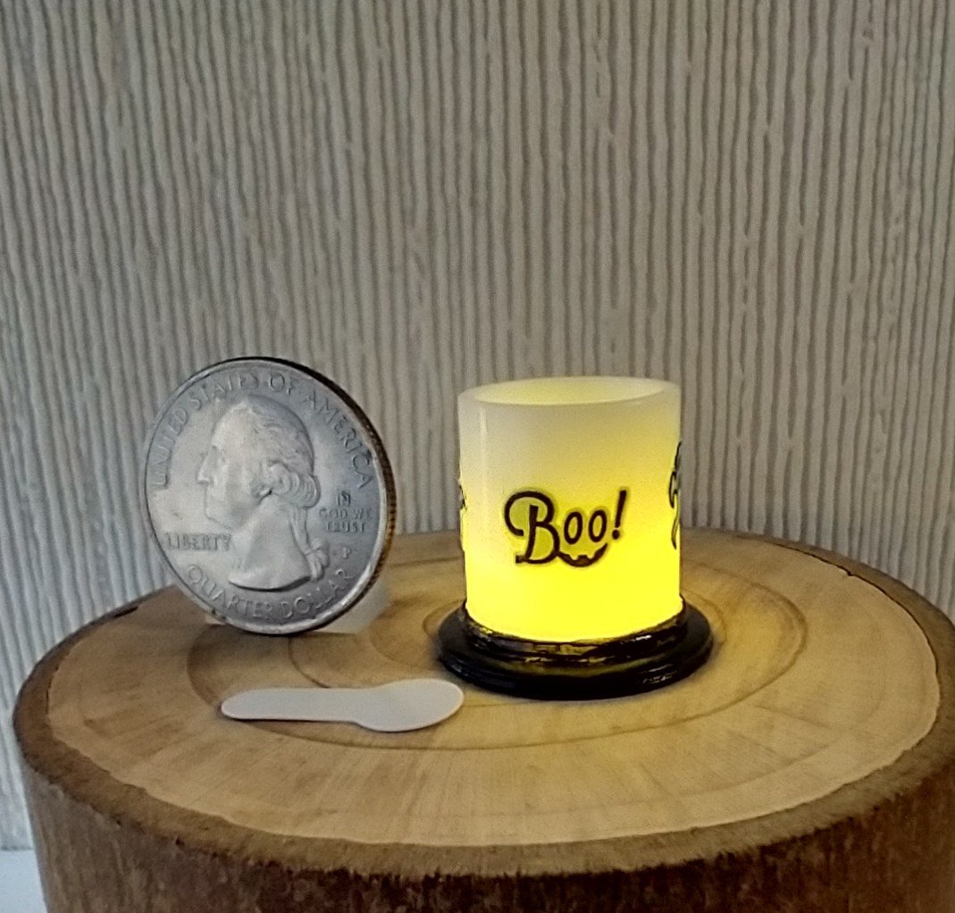 1:12 Dollhouse Halloween battery lighted  candle holder with balloon LED light insert REF Boo & ghosts