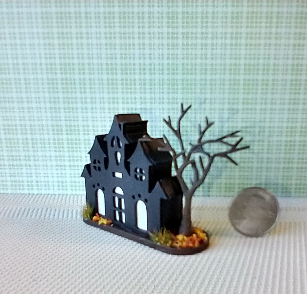 RESERVED Miniature light up halloween haunted house with leafless tree Battery operated for 1-inch scale or play scale REF 2
