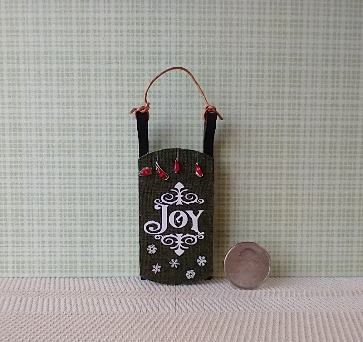 1:12 scale dollhouse light up wooden sled Joy sign decor Battery operated holiday light on green sled REF Lighted JOY on green