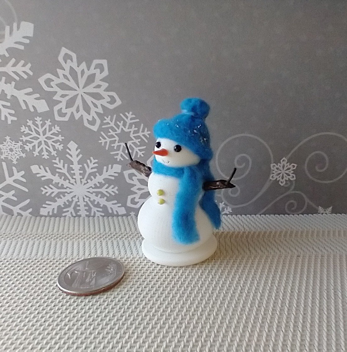 1:12 Dollhouse miniature light up snowman junior with blue felt hat Battery operated holiday decor