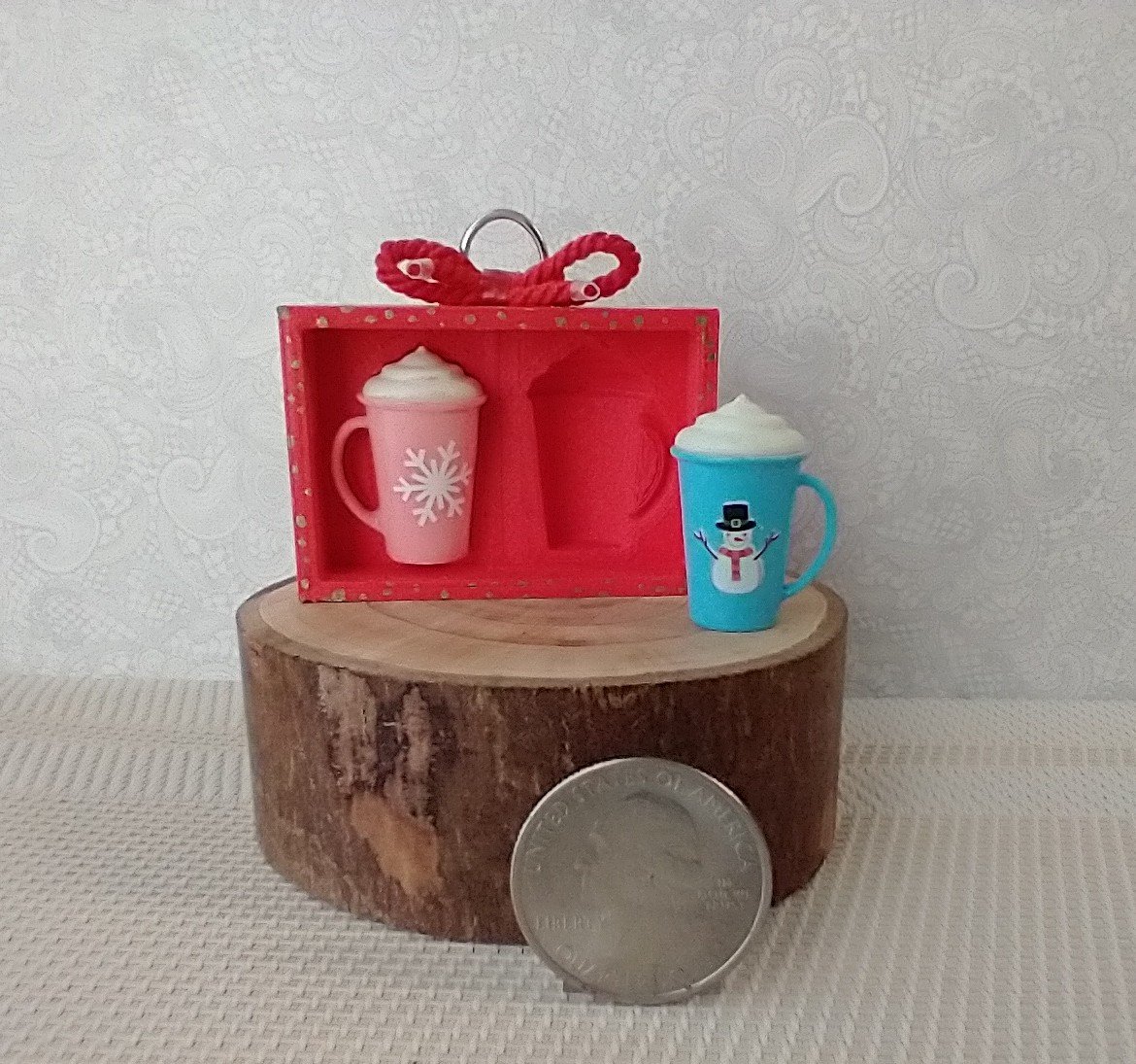 Play scale 1:6 or Barbie red gift box to hold two winter themed mugs with cream lids for 12-inch dolls REF 2-mug gift box Mugs NOT included