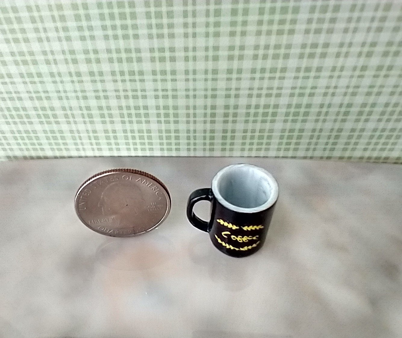 Play scale 1:6 or Barbie dollhouse black coffee mug with vinyl decals for 12-inch dolls REF Yellow texts