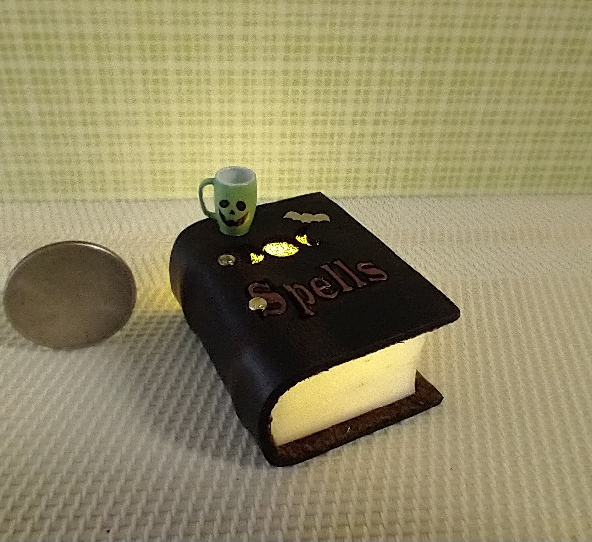Mini leather bound book of spells Battery lighted Halloween spell book Halloween decor REF Thick brown leather