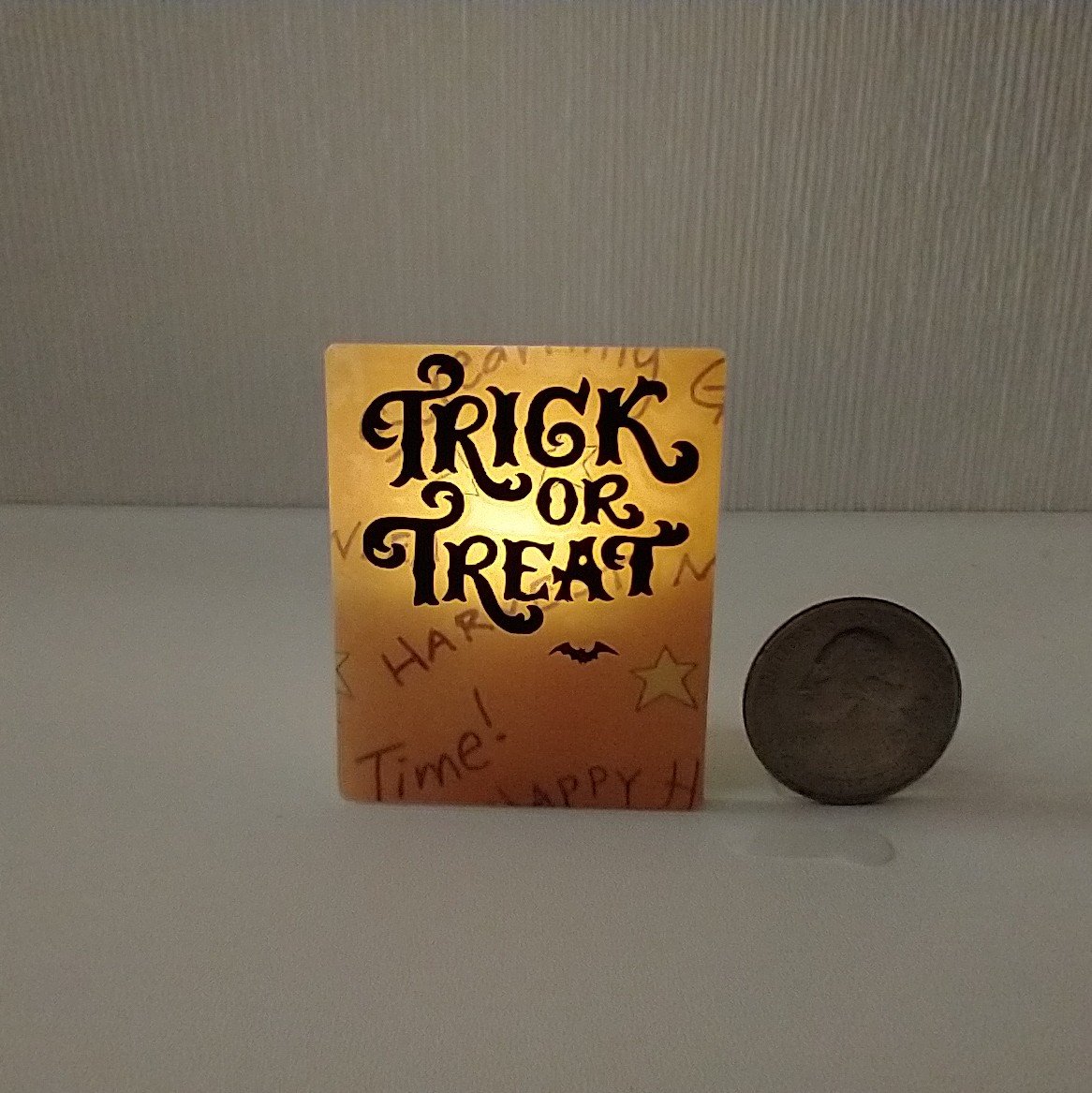 Miniature Halloween trick or treat sign with back lit candle (battery operated) for 12th or 6th scale scenes REF Orange harvest time