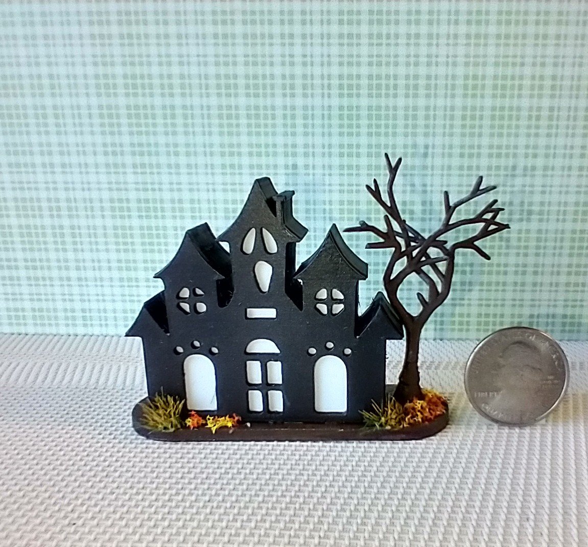 RESERVED Miniature light up halloween haunted house with leafless tree Battery operated for 1-inch scale or play scale REF 2