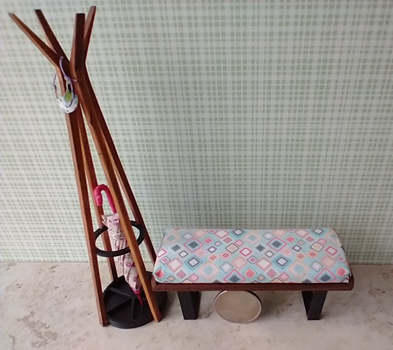 1:12 scale miniature mid-century modern bench with removable cushion REF Walnut
