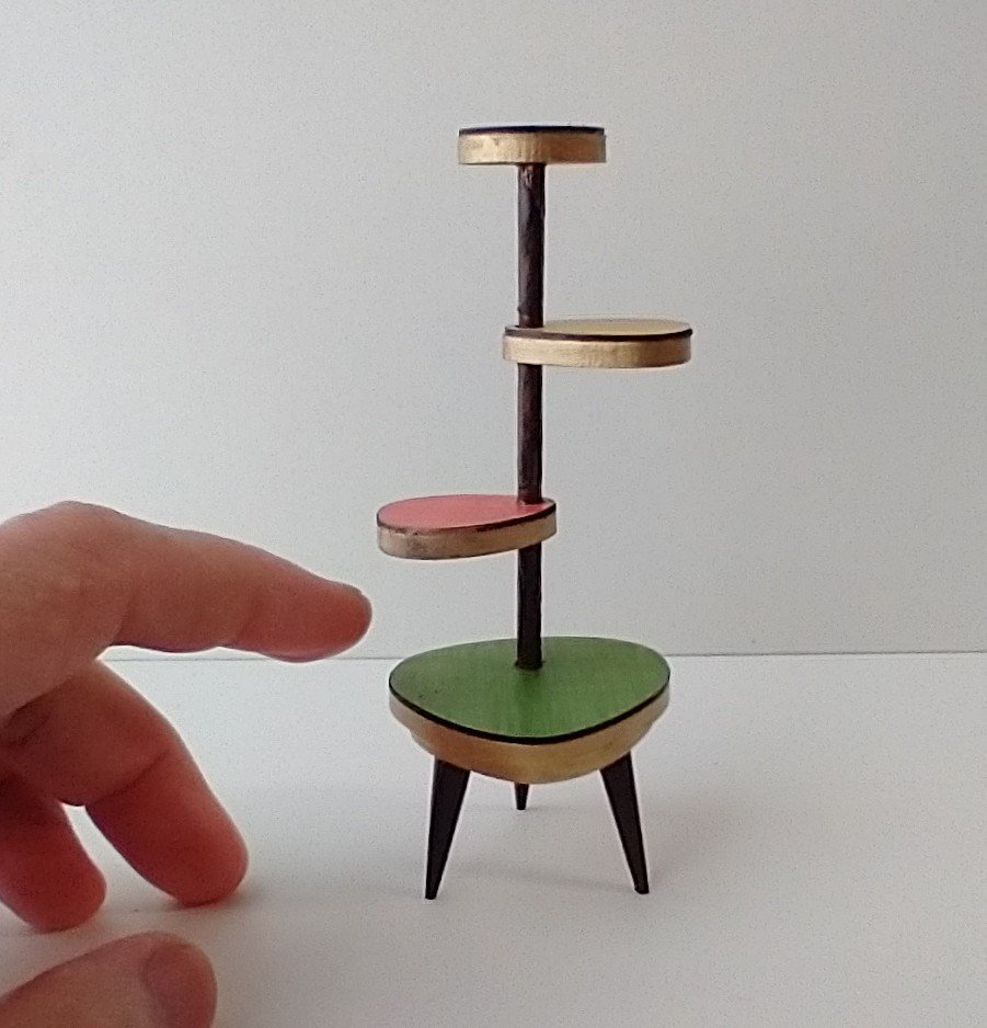 1:12 Dollhouse mid-century style plant stand inspired by Formica 4-tier plant stand with tapered legs REF Lowest green platform