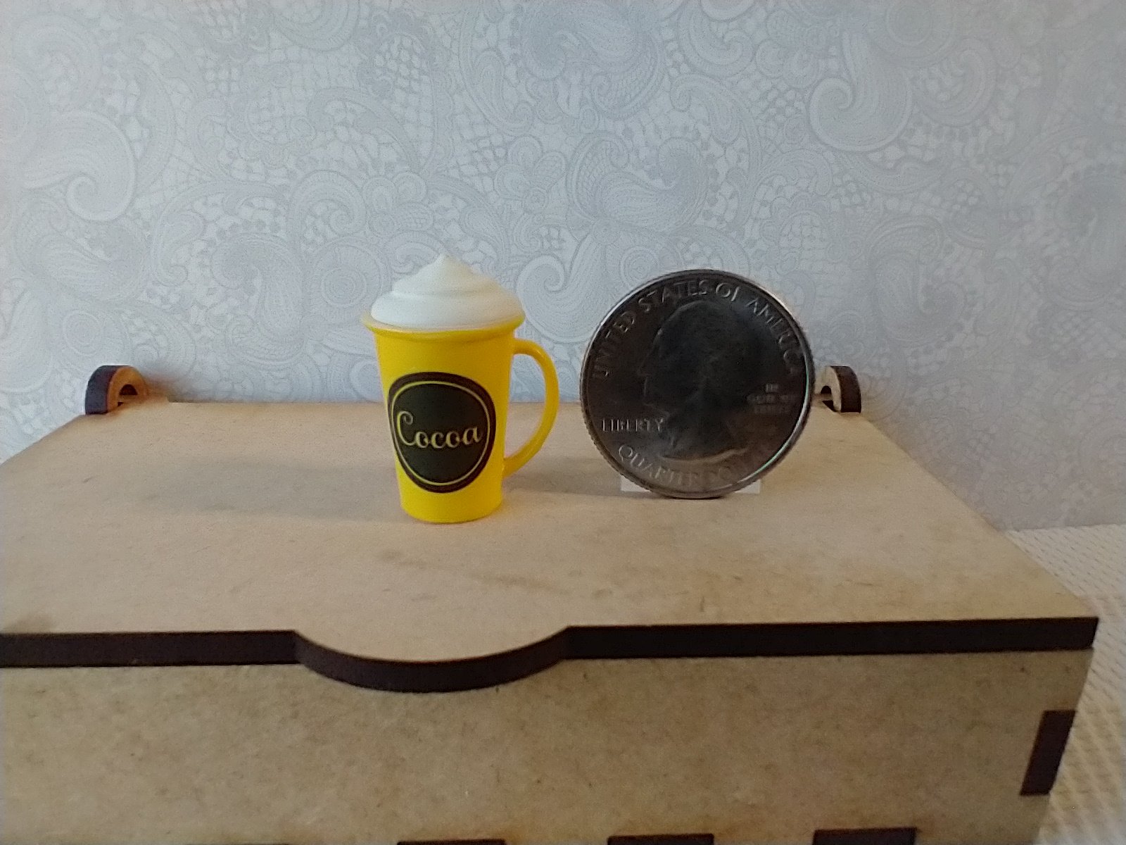 Play scale 1:6 or Barbie winter themed mug with cream lid for 12-inch dolls REF Yellow cocoa mug