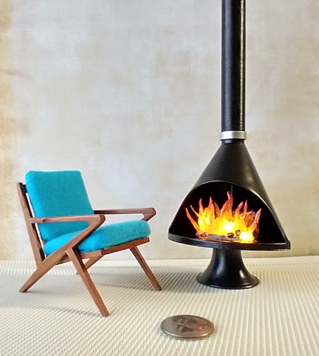 RESERVED 1:12 Dollhouse miniature Mid century modern free standing fireplace MCM Black fireplace inspired by Malm fireplace Retro fireplace REF Black