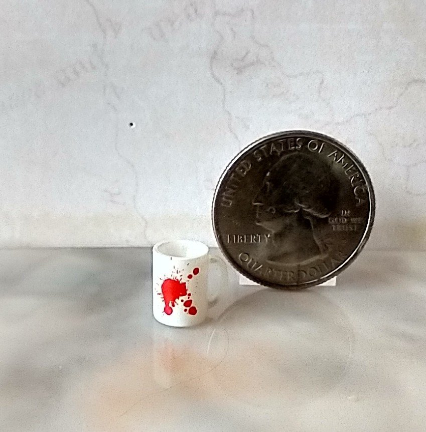 1:12 Dollhouse miniature white mug with bloody hand print and blood spatter PRICE is for ONE REF Bloody