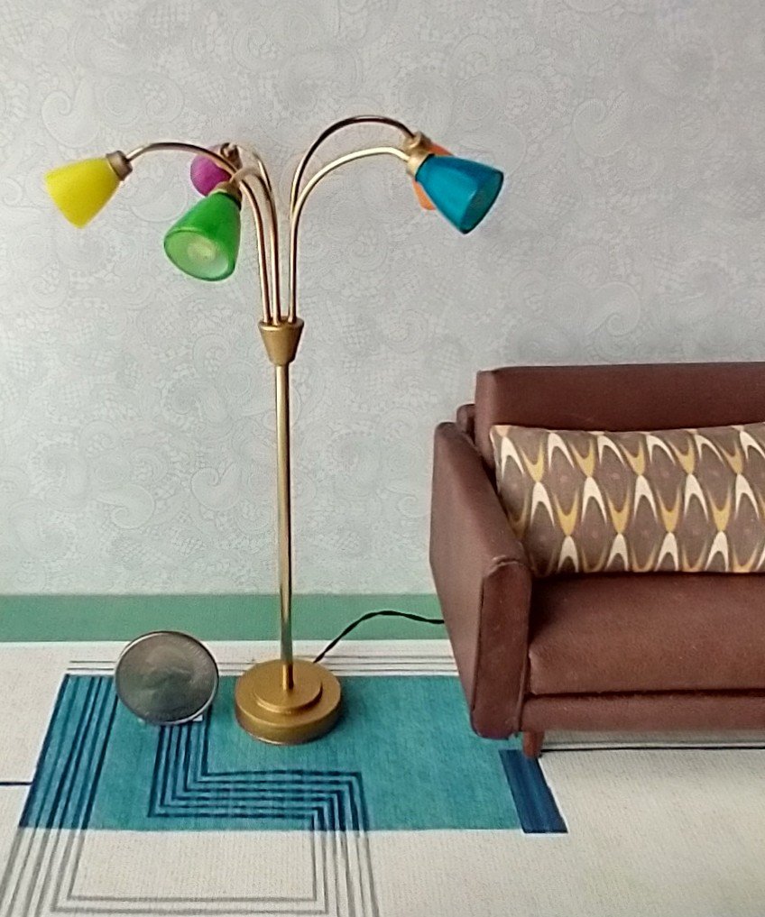 1:12 scale dollhouse mid-century style 5-arm floor lamp with shades in multiple colors