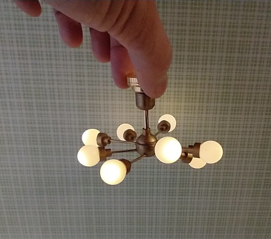 For Lisa MADE TO ORDER 1:12 Dollhouse mid-century inspired space age orbit chandelier Battery operated atomic age MCM 8-arm ceiling light Dollhouse sputnik chandelier