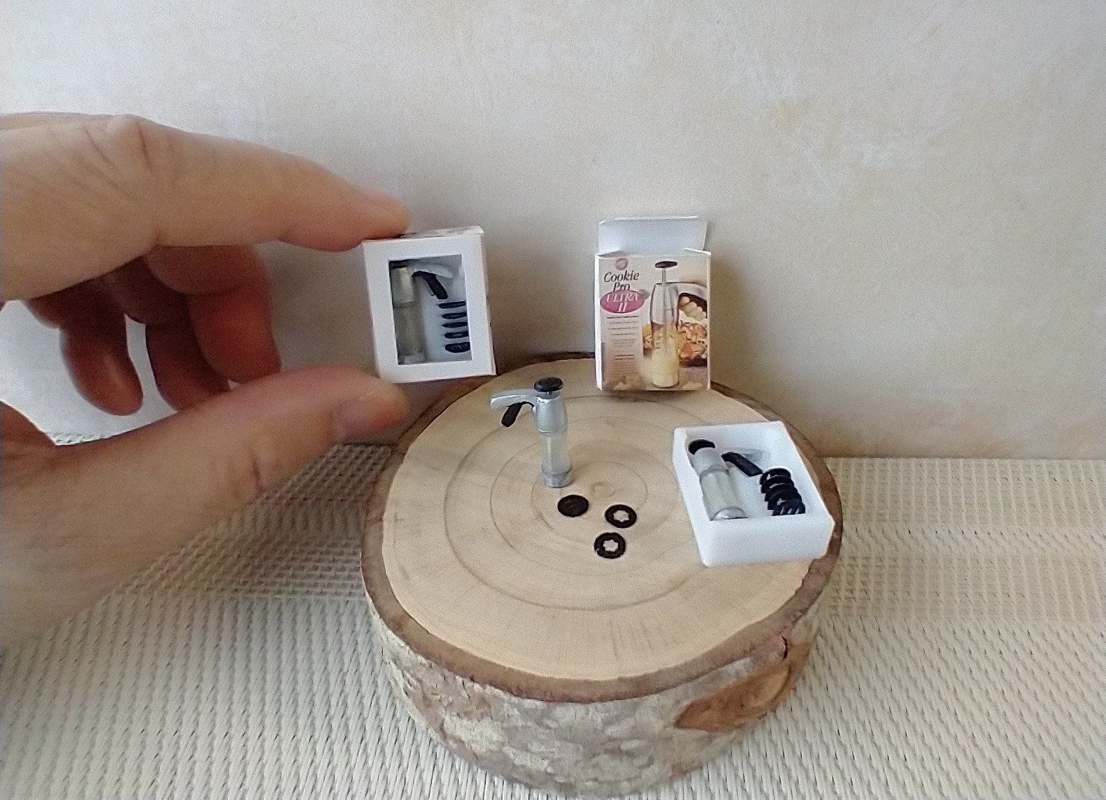1:12 Dollhouse miniature cookie press and discs set in packaging box with clear front window Boxed spritz cookie press Price is for EACH set