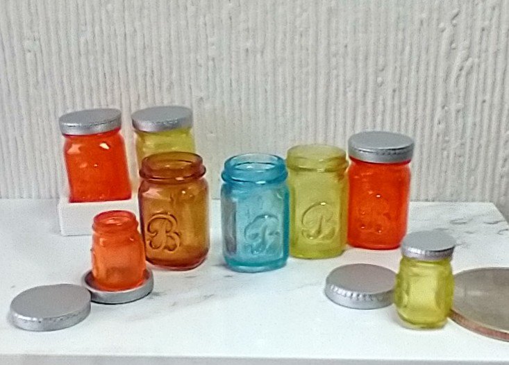 1:12 Dollhouse miniature mason jar inspired glassware with silvery lid Colored faux glass jar DIY supply Price is for EACH REF Amber tint