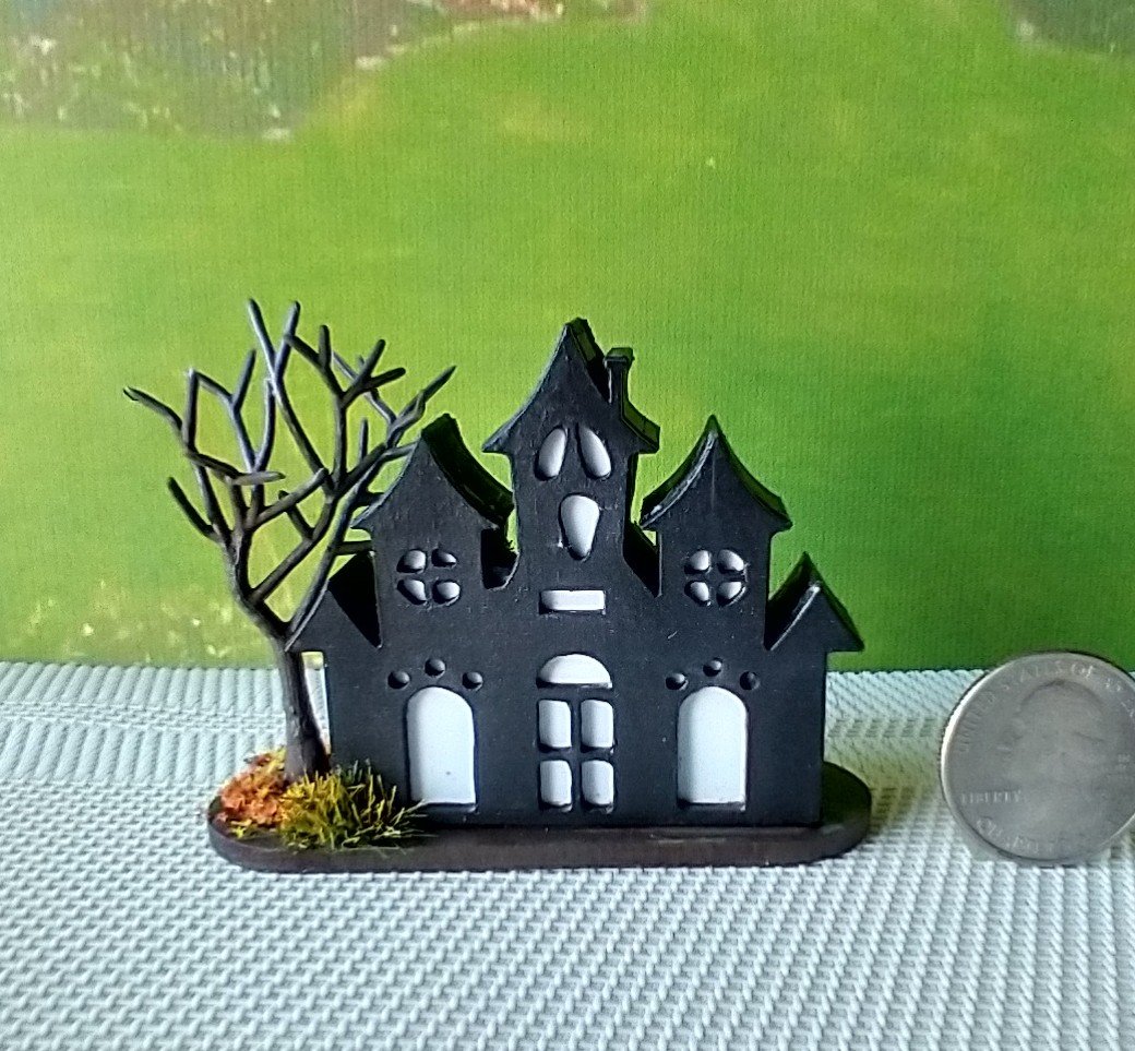 RESERVED Miniature light up halloween haunted house with leafless tree Battery operated for 1-inch scale or play scale REF 1