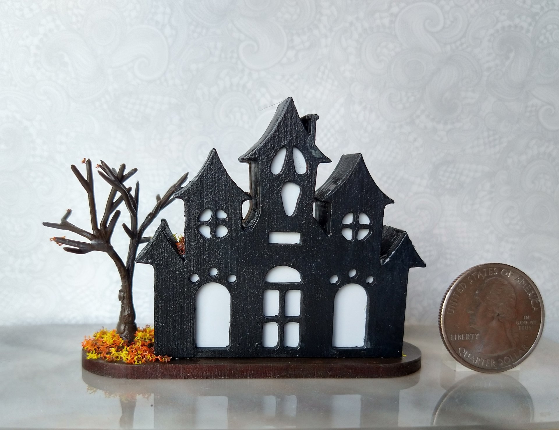 PREORDER Deposit of $1 for one unit of miniature light up halloween haunted house with leafless tree Battery operated for 1-inch scale or play scale