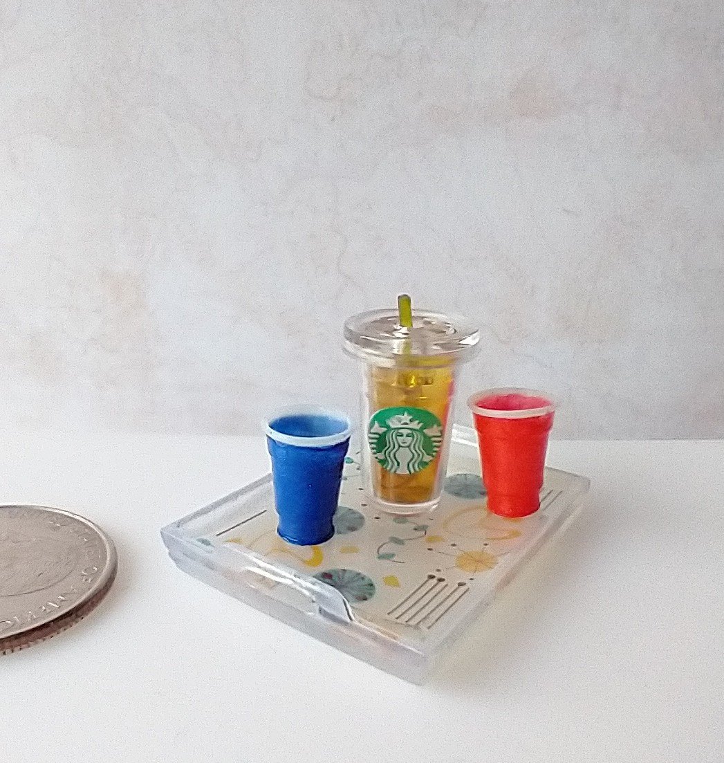 1:12 scale rectangular serving tray with MCM atomic themed graphics and two handles REF Yellow starburst