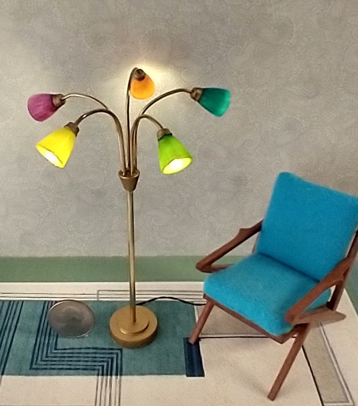 1:12 scale dollhouse mid-century style 5-arm floor lamp with shades in multiple colors