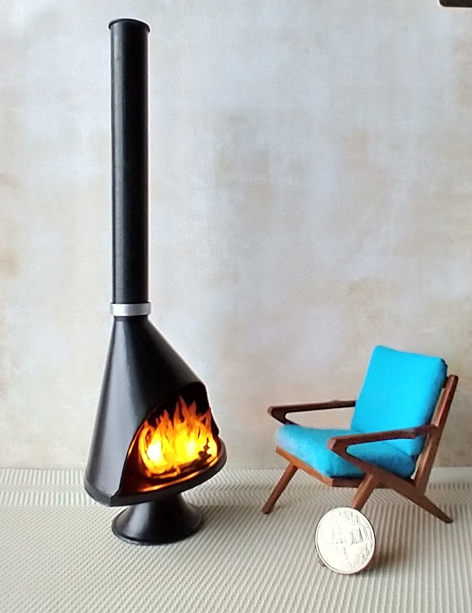 RESERVED 1:12 Dollhouse miniature Mid century modern free standing fireplace MCM Black fireplace inspired by Malm fireplace Retro fireplace REF Black