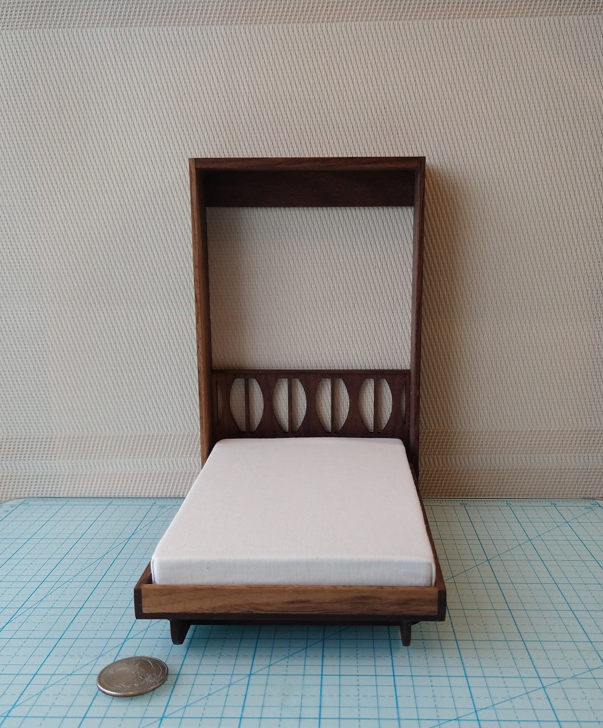 1:12 Dollhouse miniature Murphy bed in solid walnut with mid-century styled headboard Full/double fold-down bed Wall bed with front shelving Accesssories NOT included