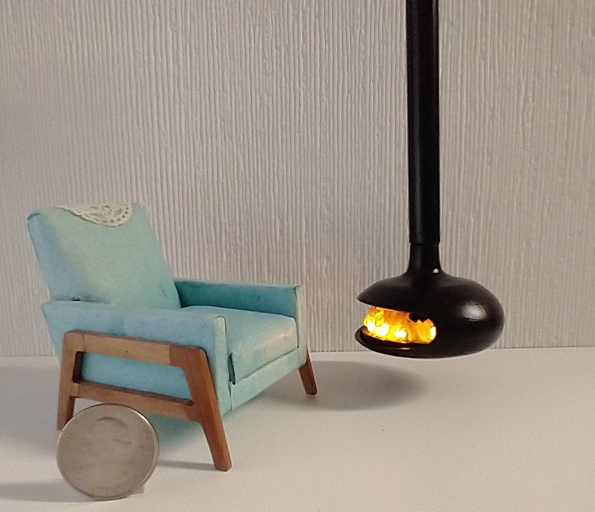 RESERVED for Sherryl.  1:12 Dollhouse miniature hanging modern fireplace with flickering insert REF Black
