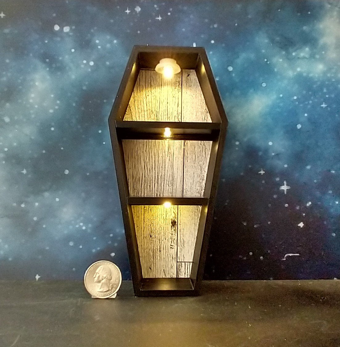 1:12 scale dollhouse miniature Halloween book case Black coffin display case Battery lighted Halloween display unit to showcase your mini Halloween treasures