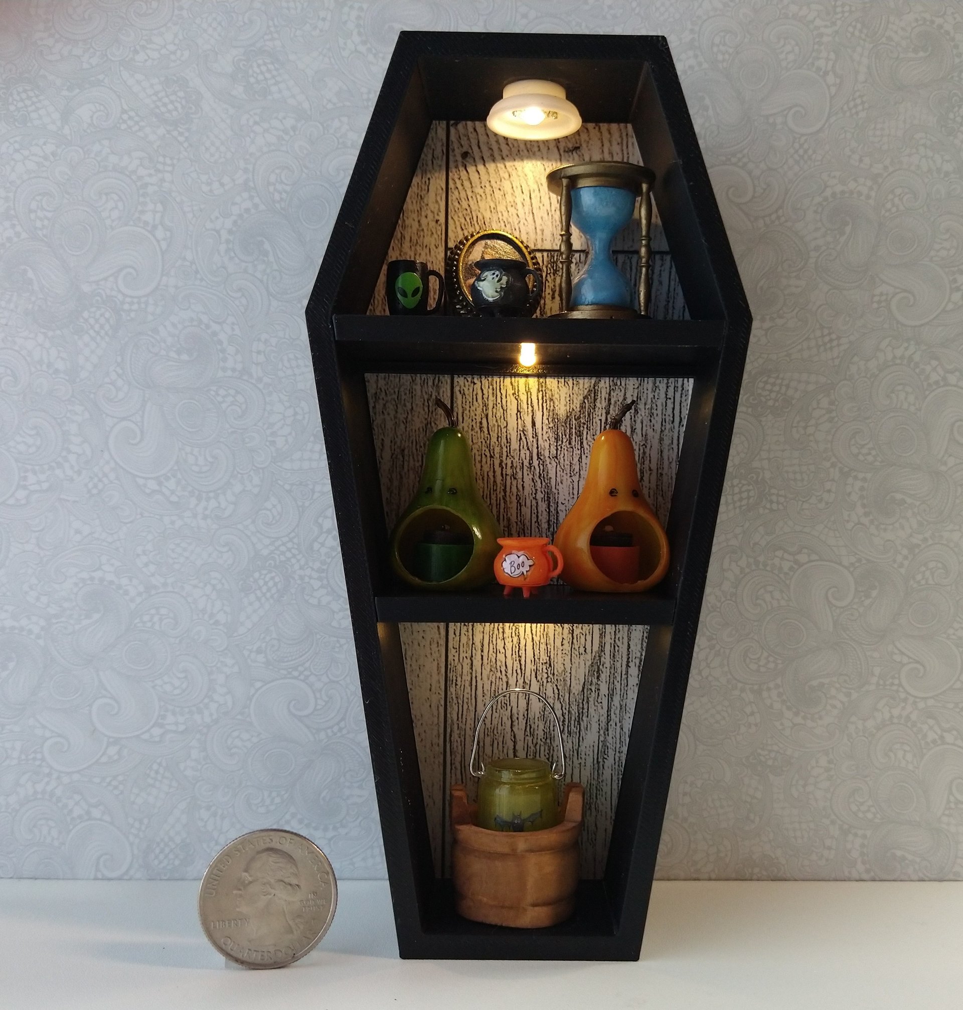 1:12 scale dollhouse miniature Halloween book shelf Black coffin display case Battery lighted Halloween display unit to showcase your mini Halloween treasures