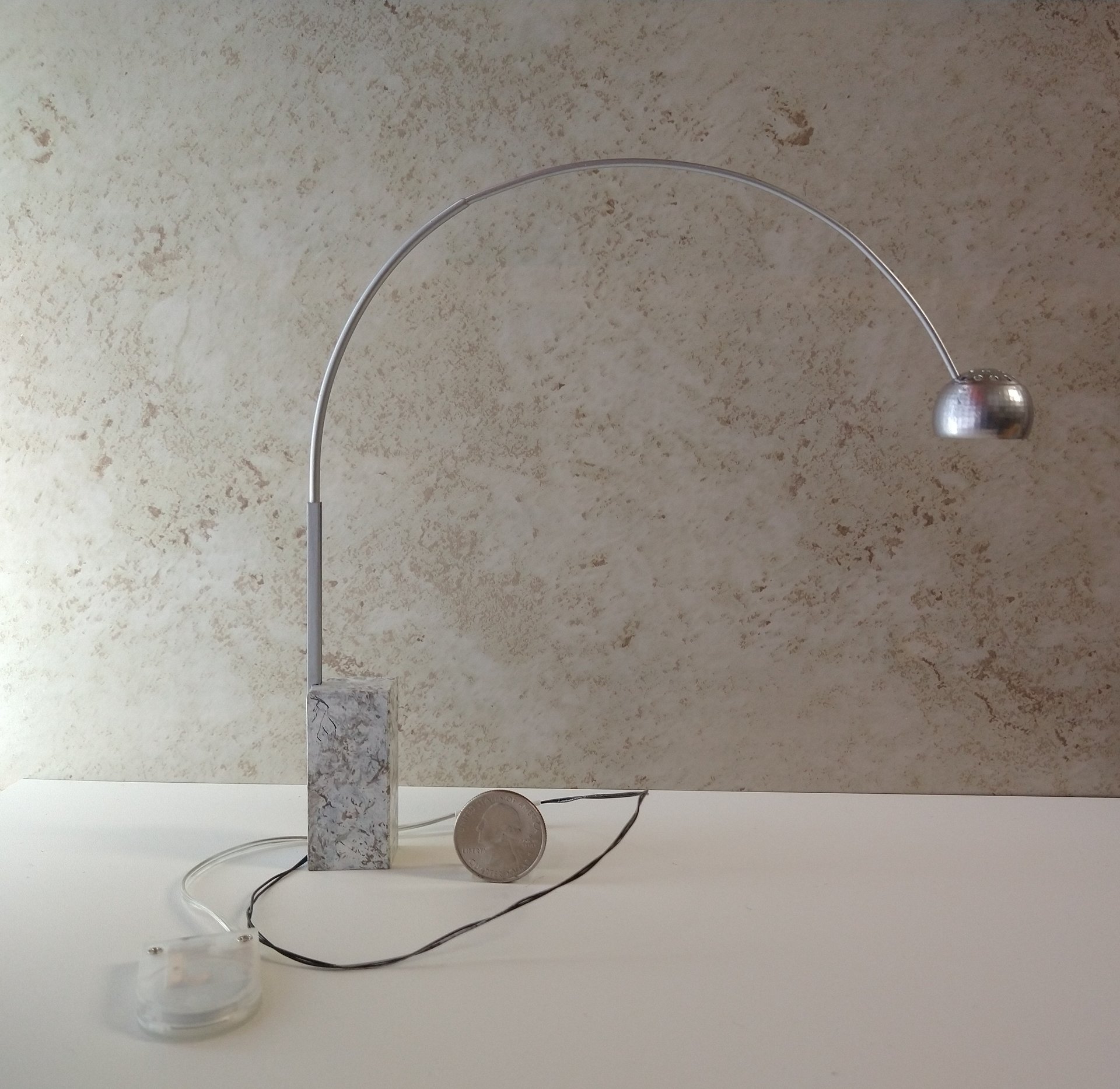 1:12 Dollhouse arc floor lamp with faux marble base Mid century modern inspired lamp Battery operated LED lamp on external wires REF White/grey base