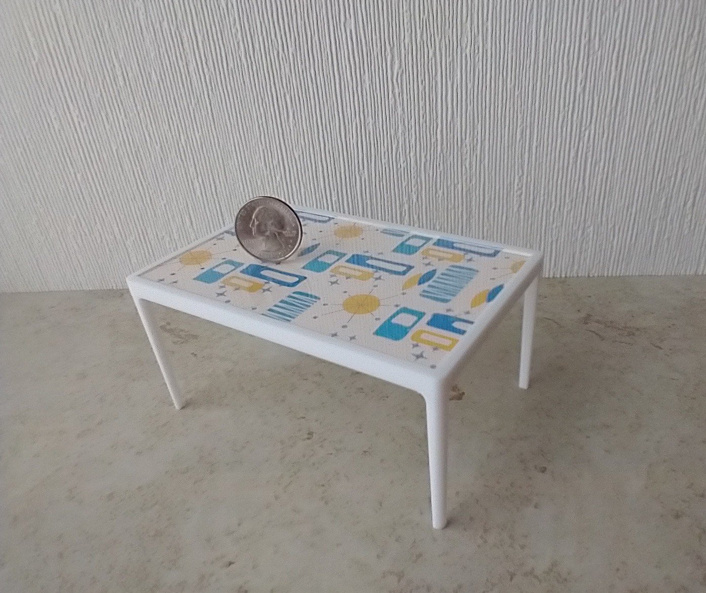 1:12 scale dollhouse patio / deck dining TABLE inspired by Richard Scultz's 1966 aluminum dining table REF clear top and MCM themed vinyl paper