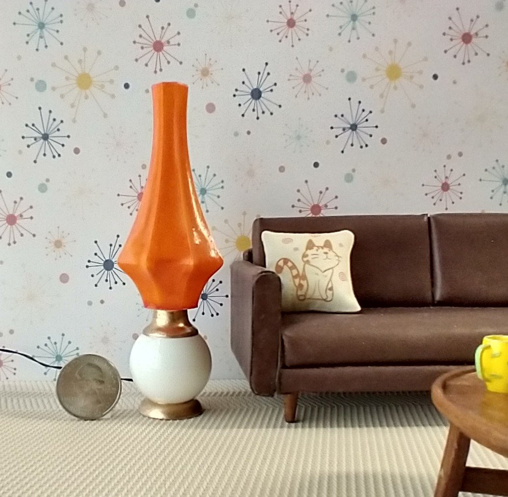 RESERVED 1:12 scale dollhouse mid-century style  large floor lamp orange cocoon Battery operated MCM lamp with external wires REF Large cocoon