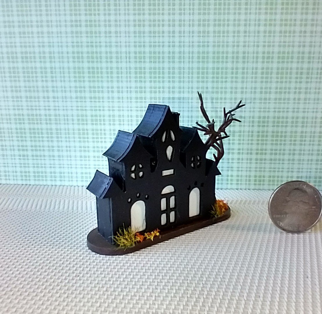 RESERVED Miniature light up halloween haunted house with leafless tree Battery operated for 1-inch scale or play scale REF 2