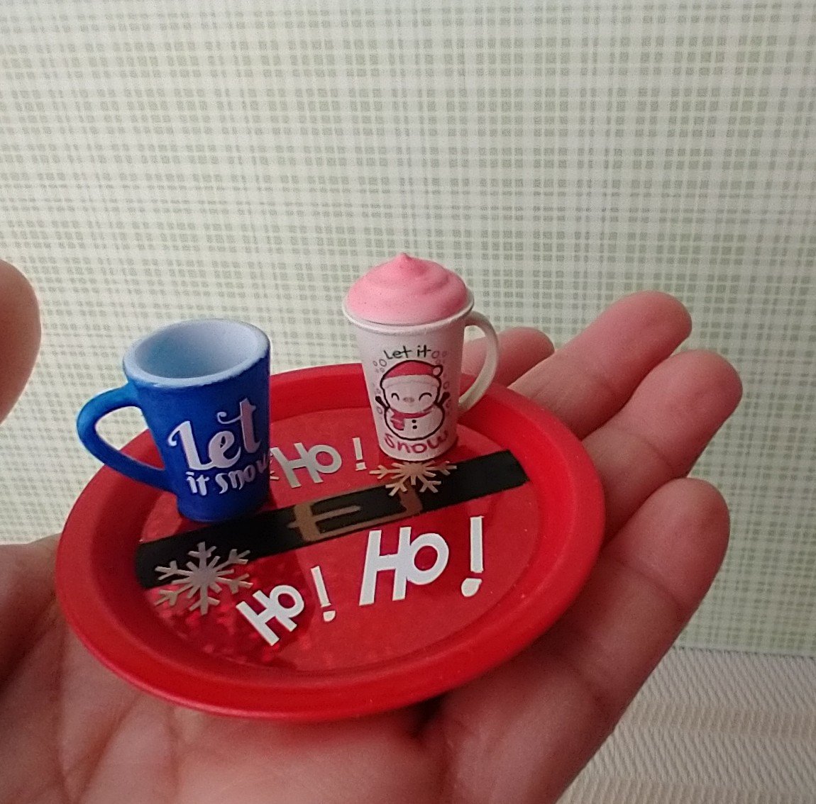 Play scale 1:6 or Barbie dollhouse red round serving tray Santa Ho ho ho serving tray in festive red for 12-inch dolls