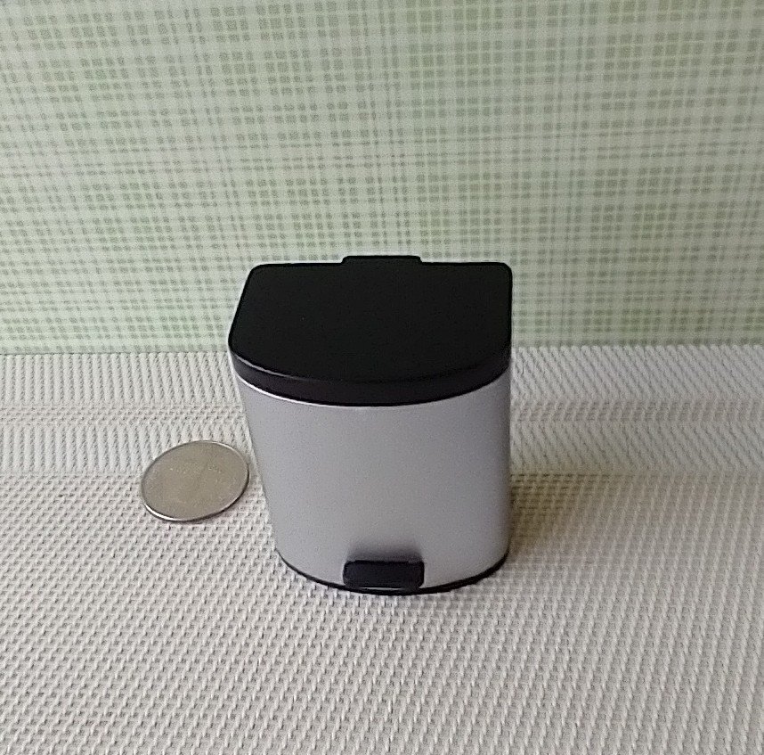 1:12 Dollhouse kitchen trash can in silvery finish with black pedal hinged black lid Modern styled trash can Kitchen garbage can
