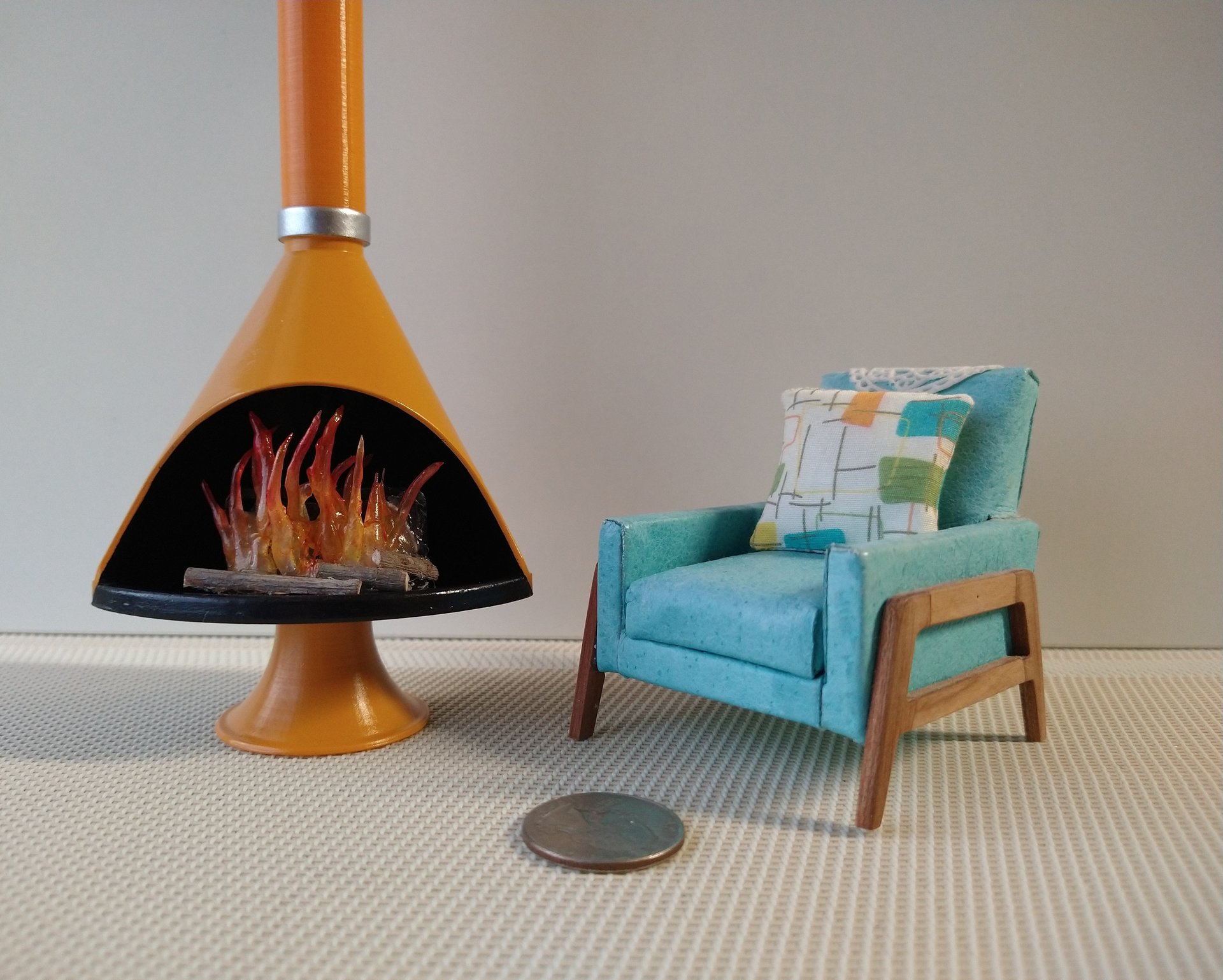 1:12 Dollhouse miniature Mid century modern free standing fireplace MCM orange fireplace inspired by Malm fireplace Retro fireplace REF orange