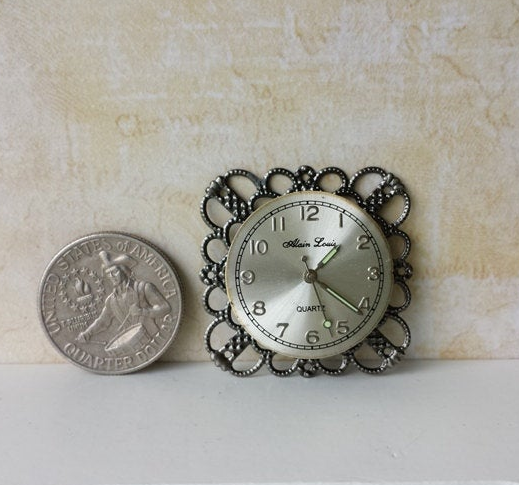 1:12 dollhouse miniature square filigree wall clock Gun metal tone clock Can lean against wall as mantel clock NON working