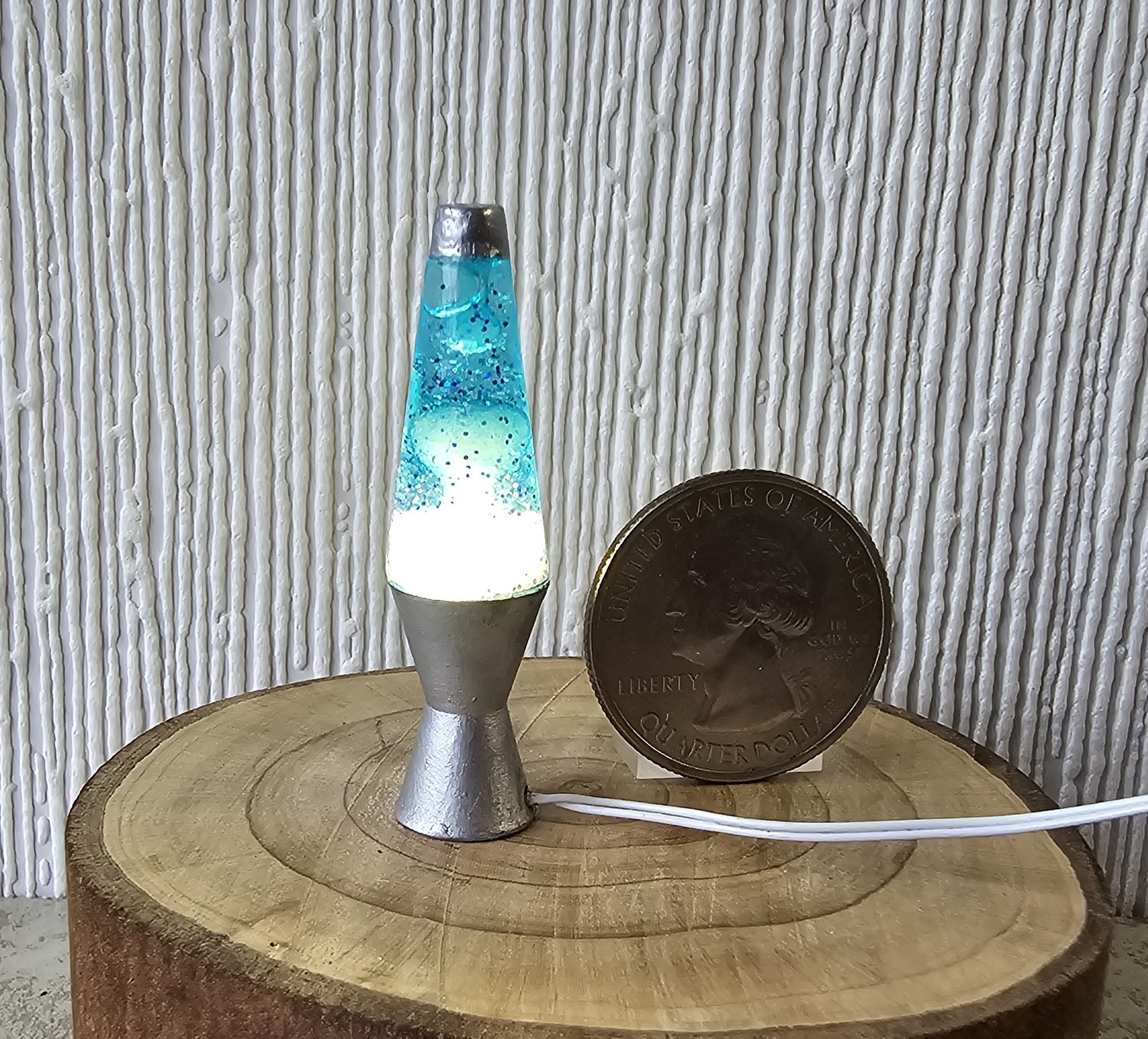 1:12 Dollhouse miniature retro lava lamp Battery operated LED table lamp MCM style with external wires REF Chrome finish base aqua resin