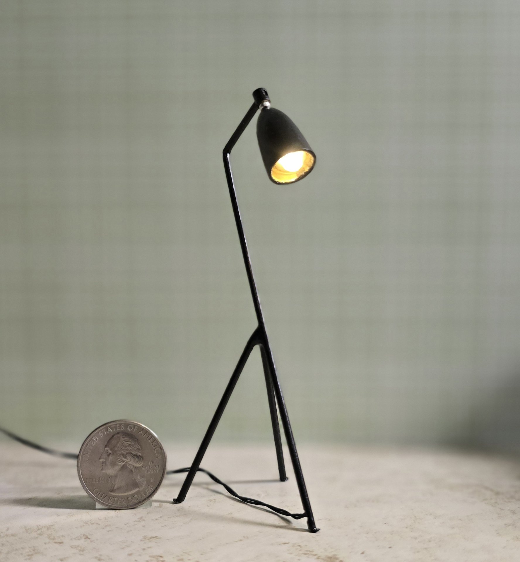 1:12 Dollhouse mid-century style tripod floor lamp Battery operated LED lamp with external wires REF Black grasshopper