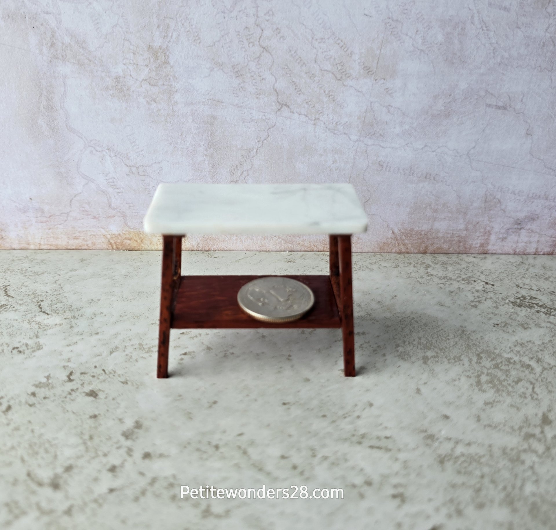 1:12 scale dollhouse mid-century style side table in solid padauk wood MCM end table with faux marble top
