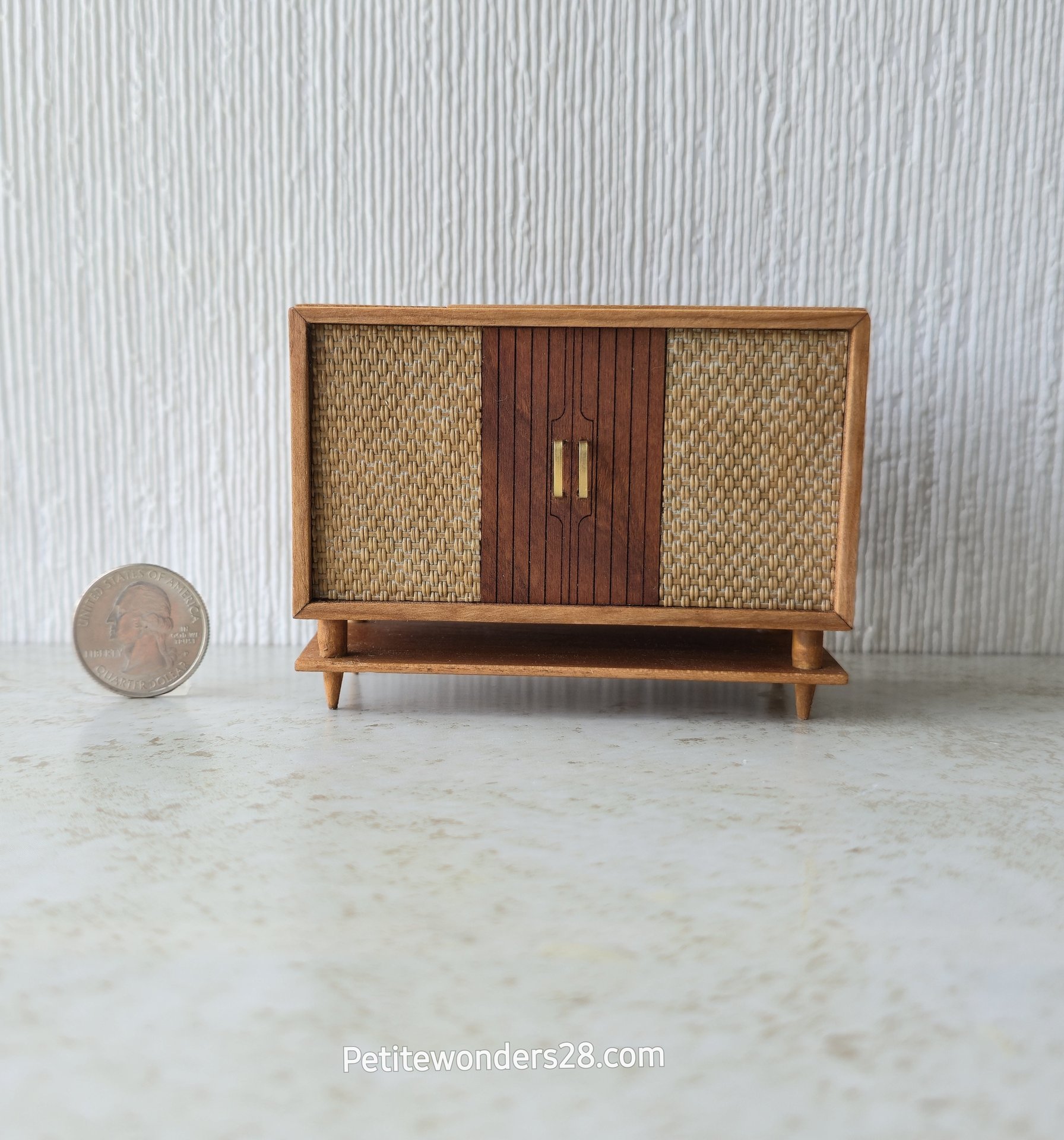 RESERVED for Deanna 1:12 Dollhouse furniture mid-century styled stereo console in solid cherry with hinged top 