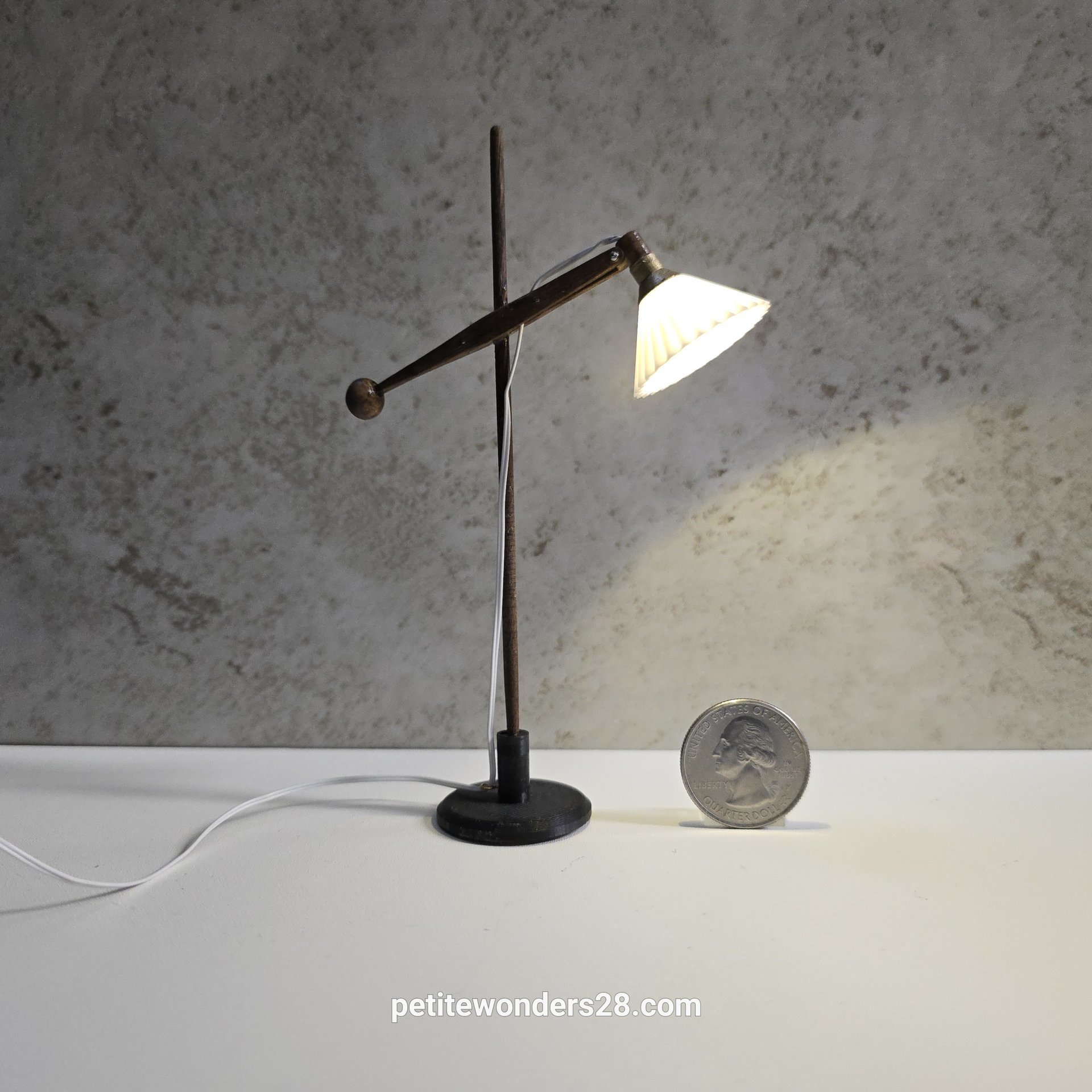 1:12 Dollhouse mid-century style floor lamp Battery operated LED lamp with external wires REF walnut wood lamp post