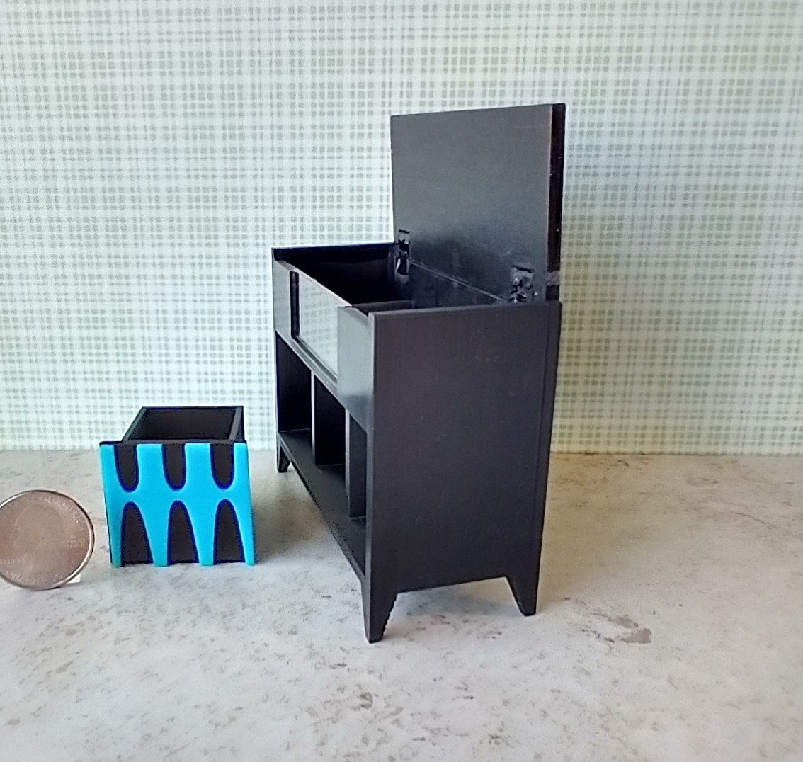 1:12 scale dollhouse mid-century modern record player stand and storage cabinet MCM record console