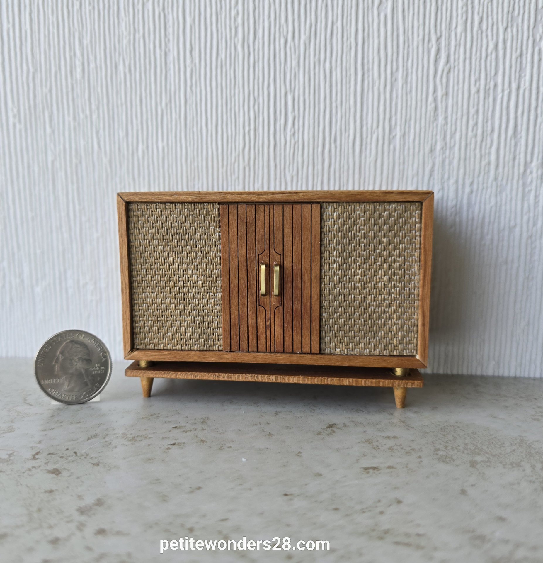 RESERVED for Deanna 1:12 Dollhouse furniture mid-century styled stereo console in solid cherry with hinged top 