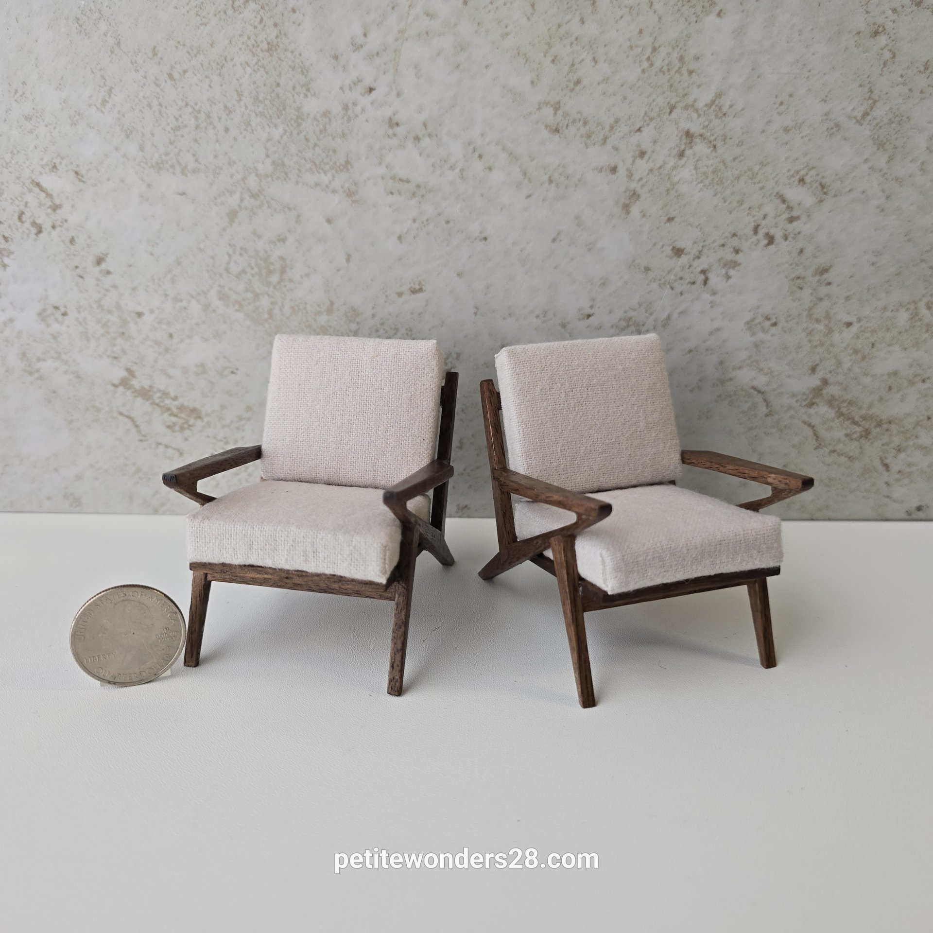 Made-to-order 1:12 Dollhouse mid-century style lounge chair in walnut MCM Z-chair with off-white cushions PRICE is for One chair
